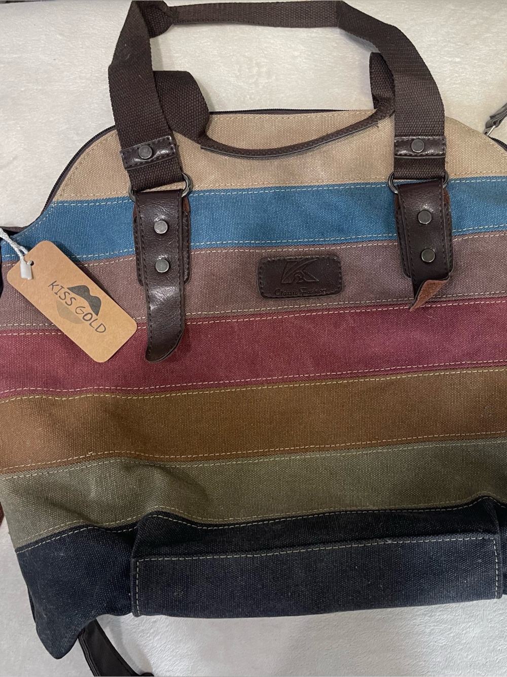 Multi-Stripe Canvas Messenger Bag with Leather Trim